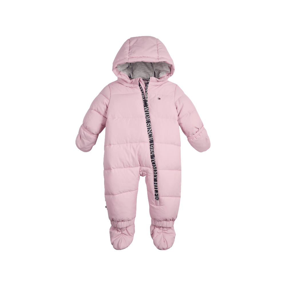 tommy hilfiger baby pale pink all in one ski suit front view