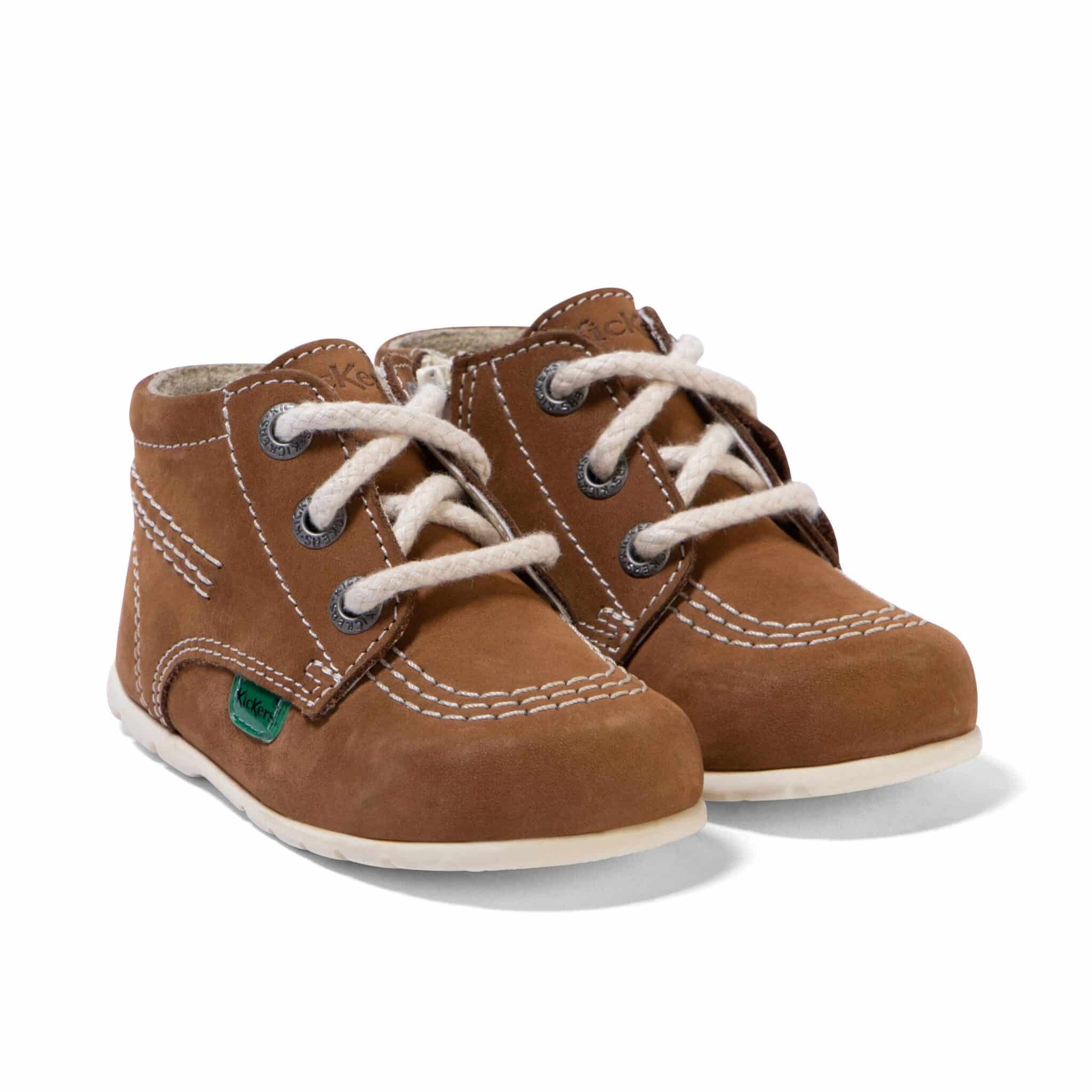 kickers boys brown shoe boots on white floor with shadow