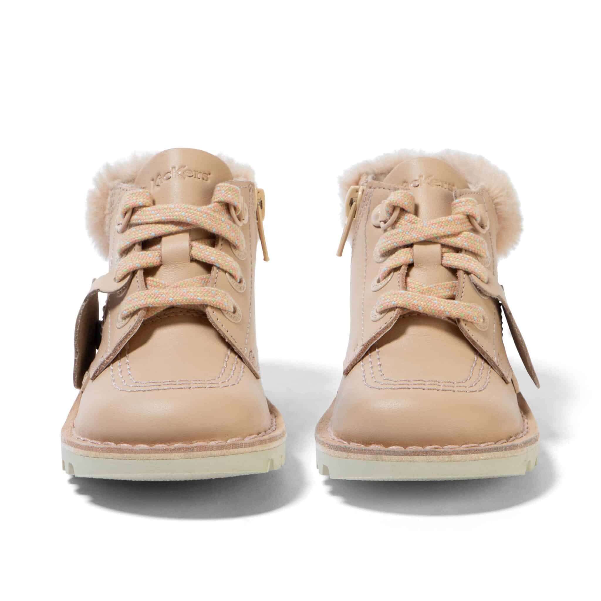 kickers tan leather high top boys warm boots front view