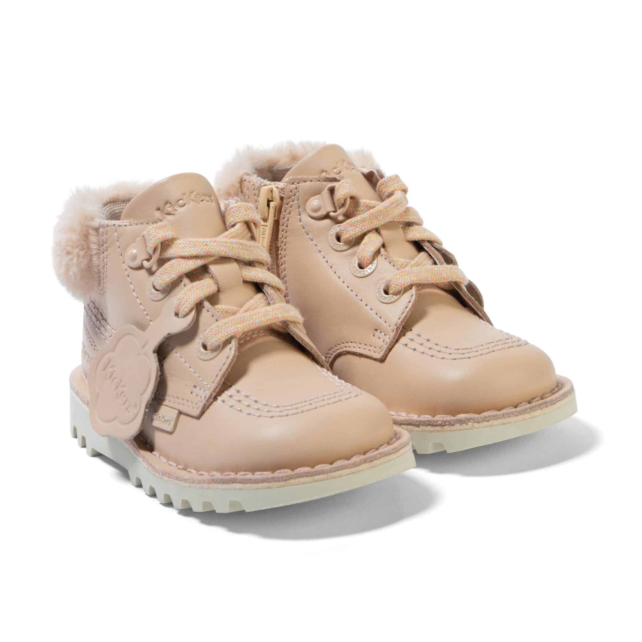 kickers tan leather high top boys warm boots side