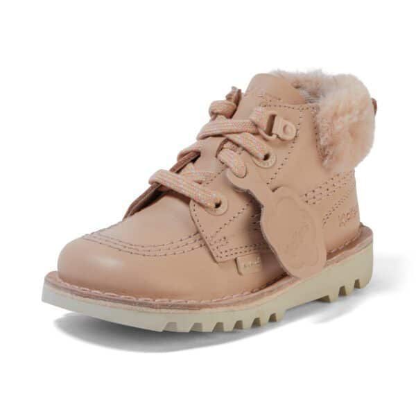 kickers tan leather high top boys warm boots side view