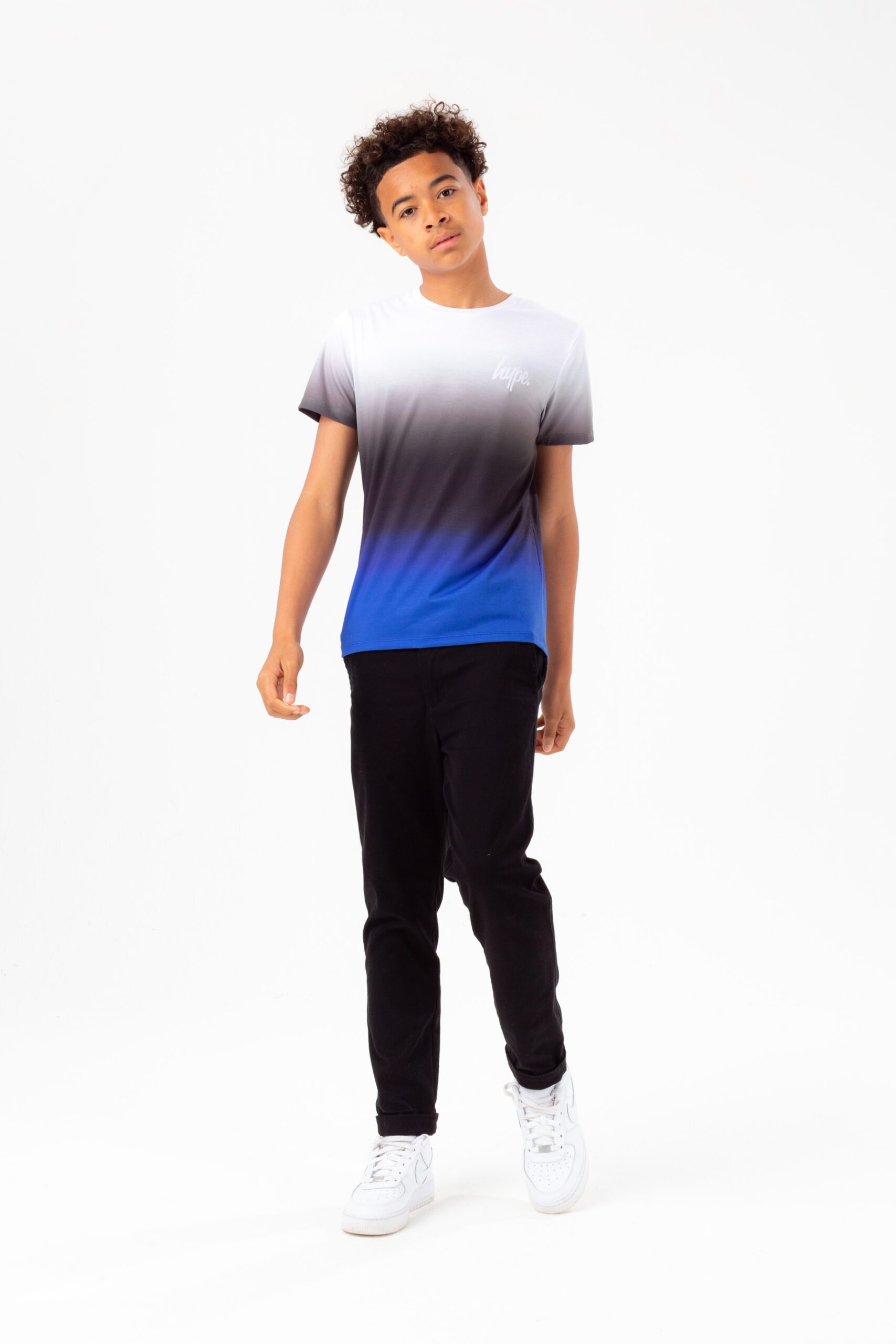 hype boys gradient blue and black tshirt on model