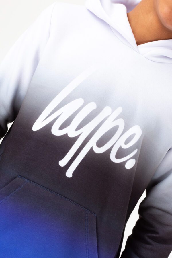 hype boys gradient blue and black hoodie close up of logo