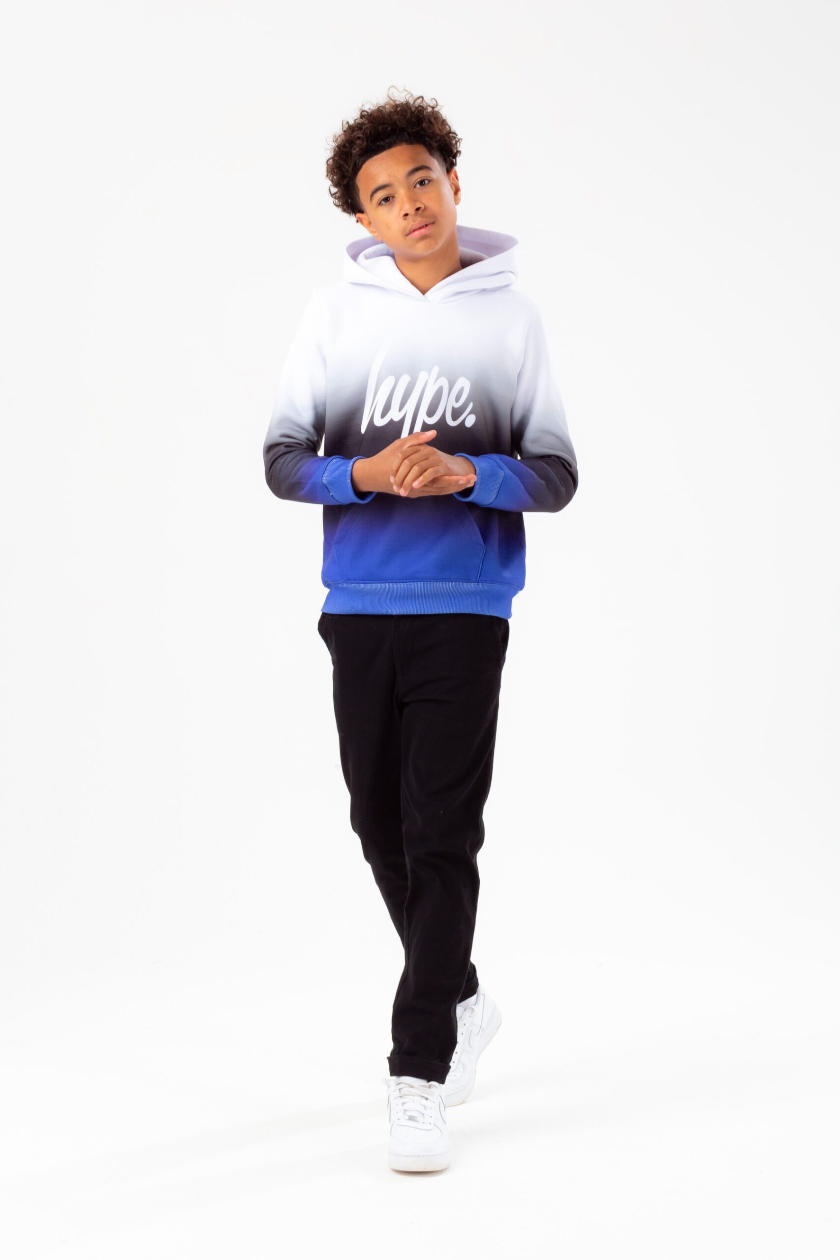 hype boys gradient blue and black hoodie on model