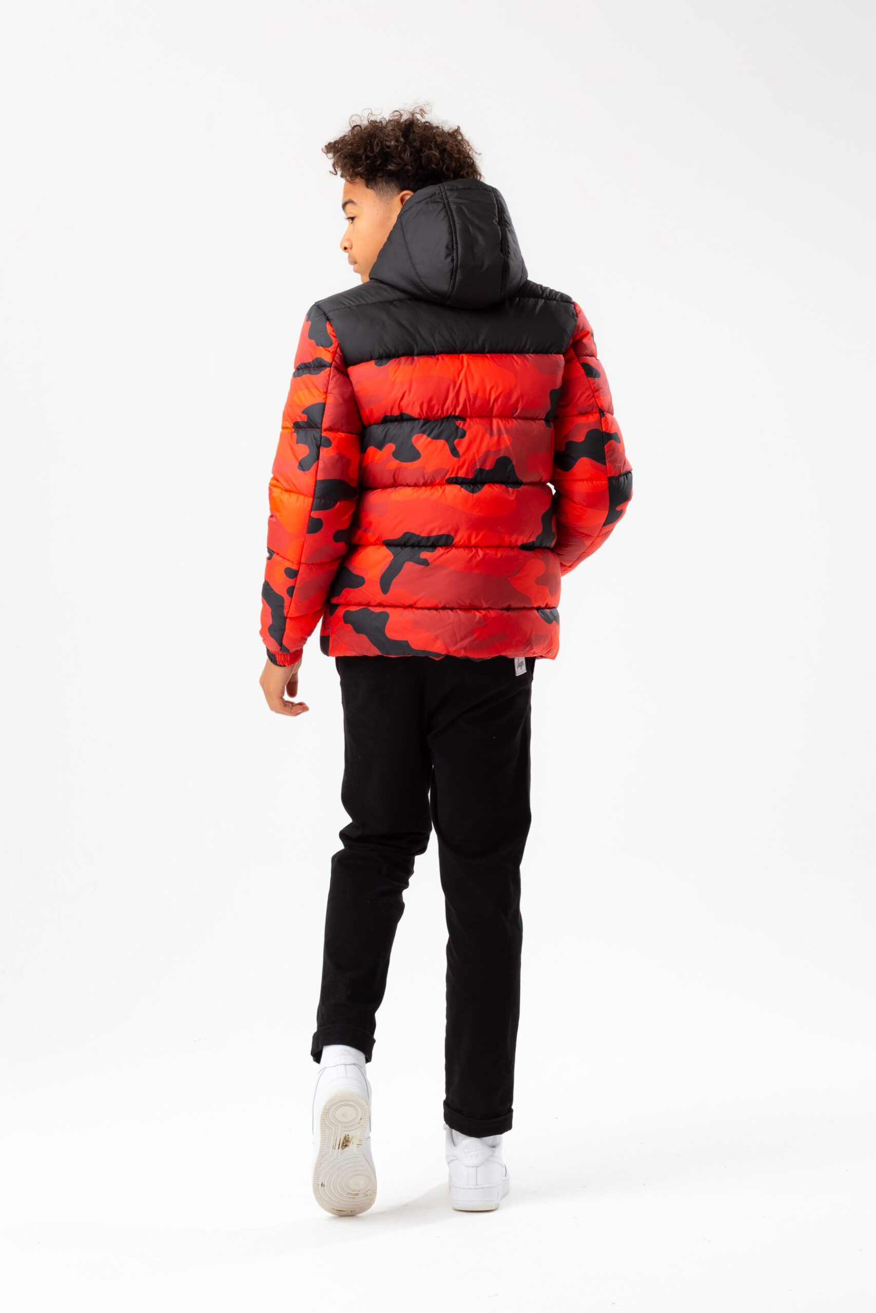 hype boys orange and black camo puffer jacket on model back view