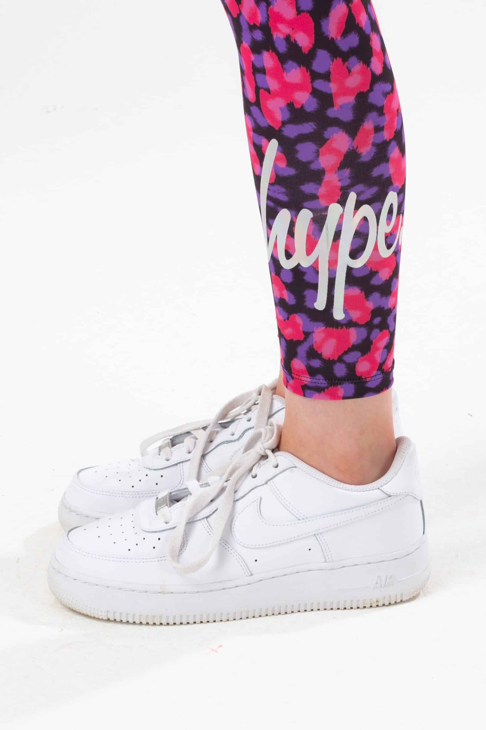 hype girls leopard print leggings close up of logo