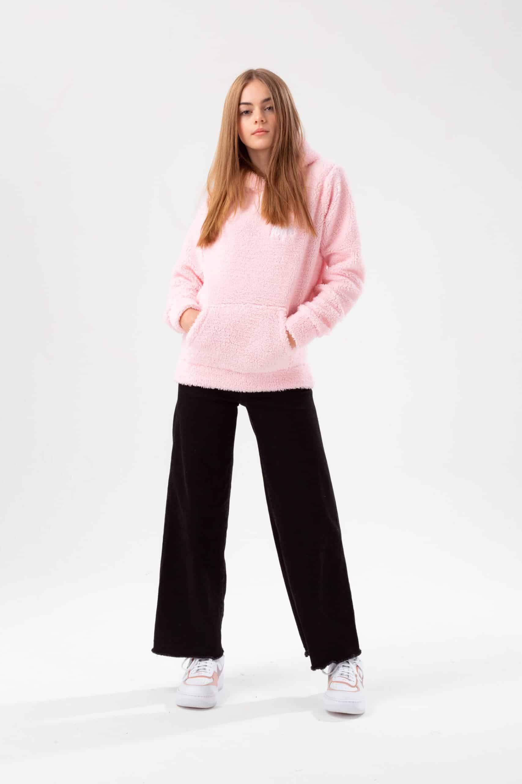 hype girls pale pink sherpa hoodie on model