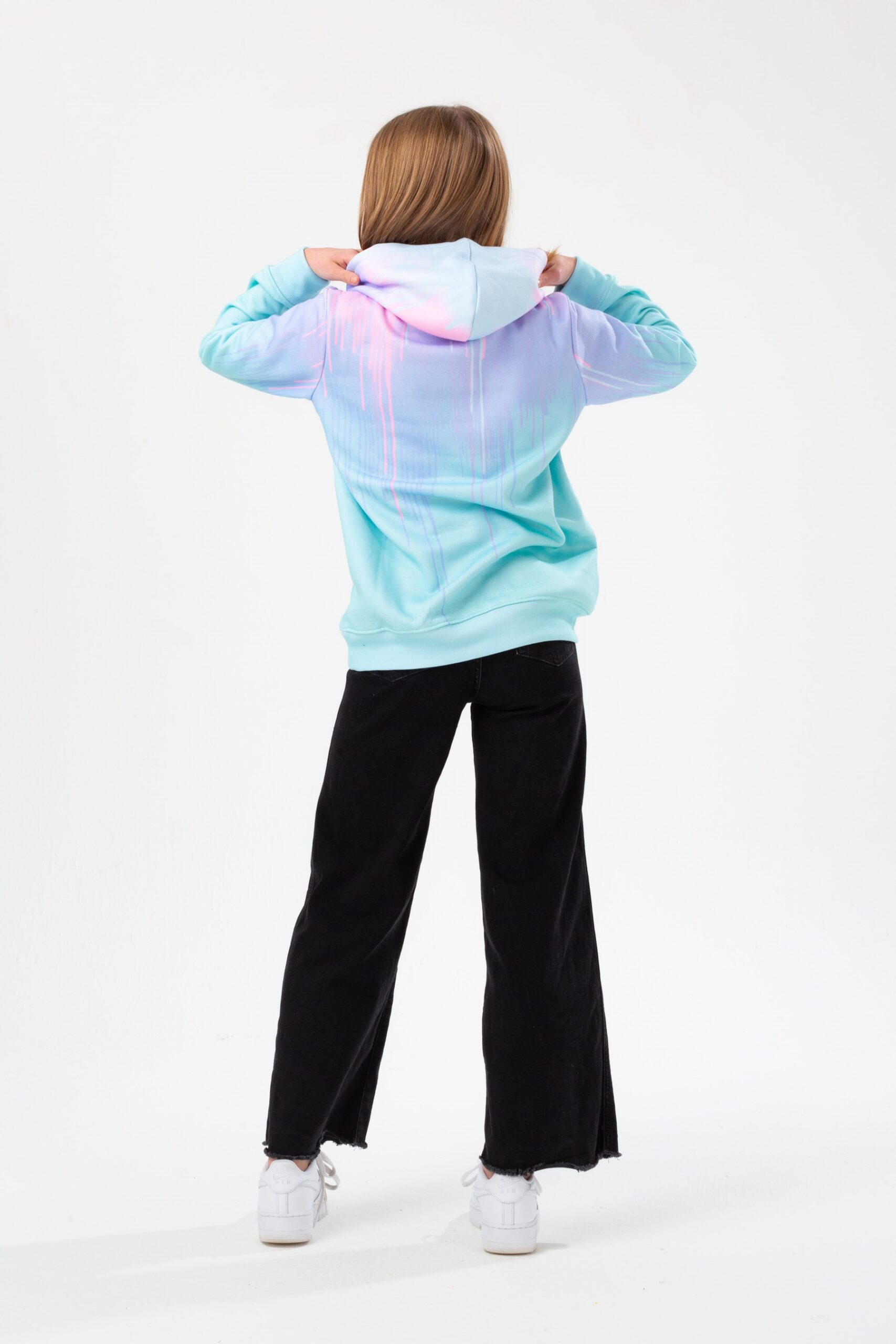 hype drip purple and turquoise hoodie on model back view