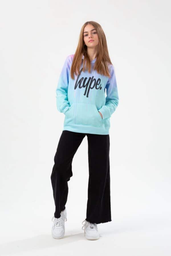 hype drip purple and turquoise hoodie on model