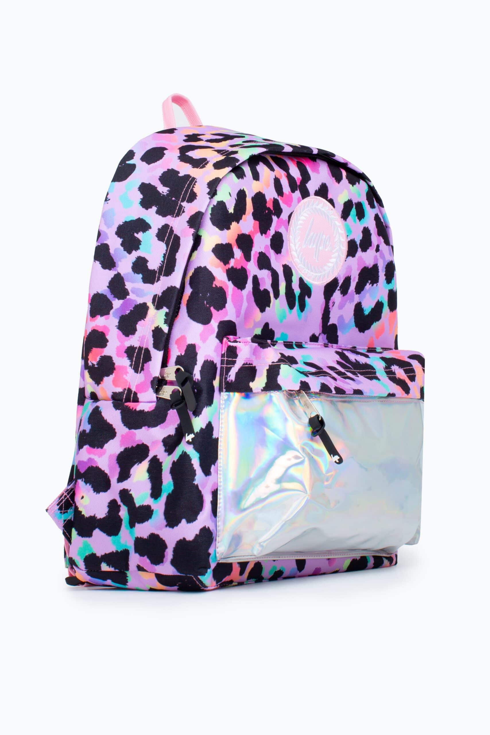 hype rainbow leopard backpack side view