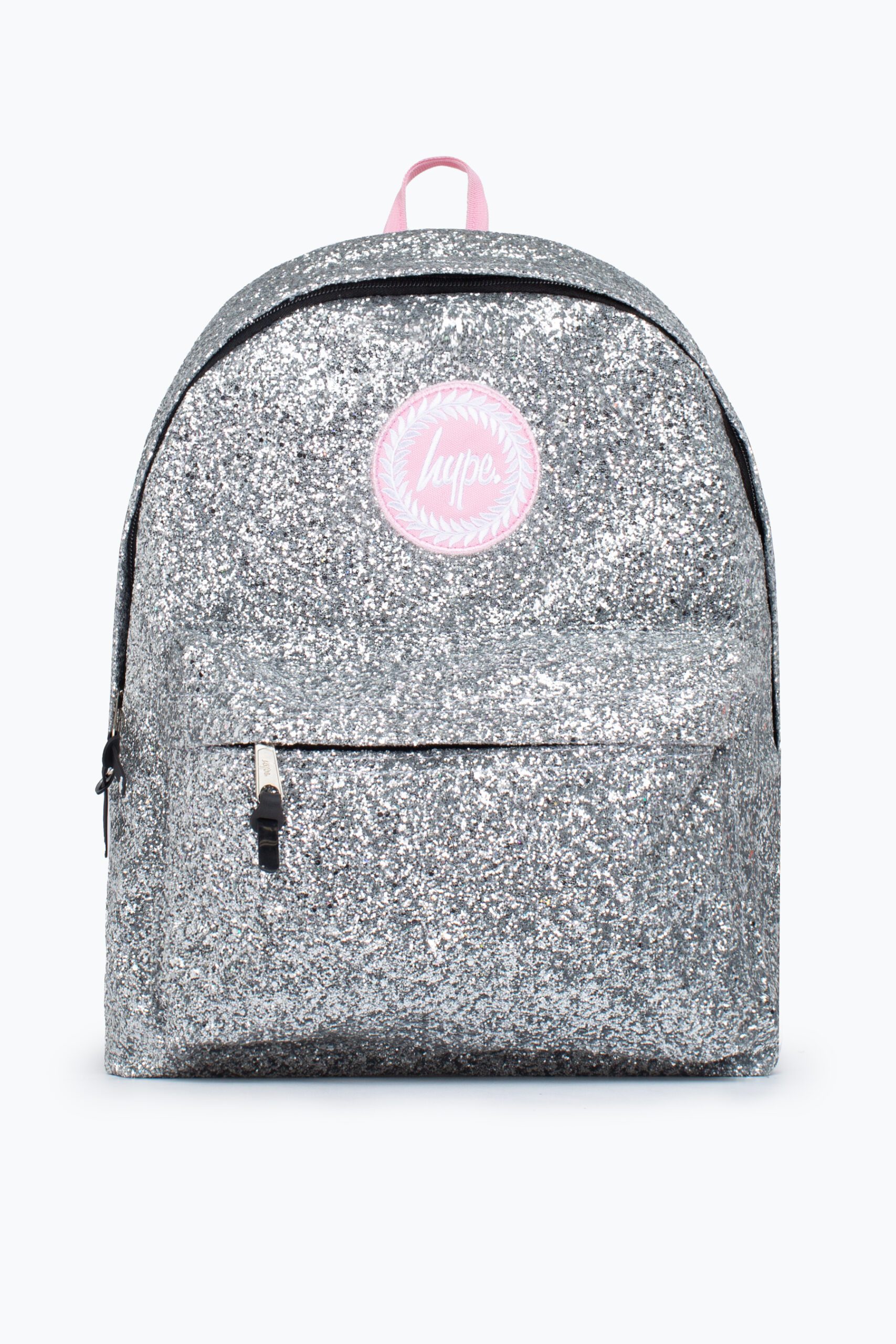 hype silver glitter backpack white background