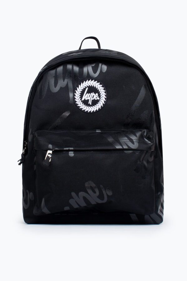 hype black backpack with multiple logos front view