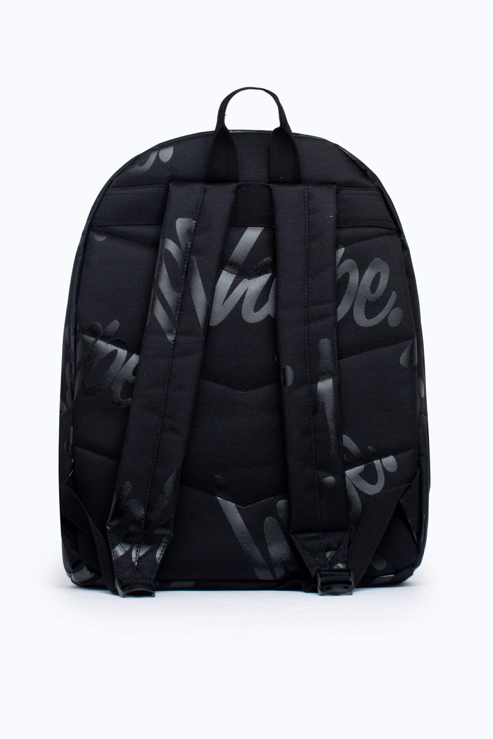 hype black backpack with multiple logos back view