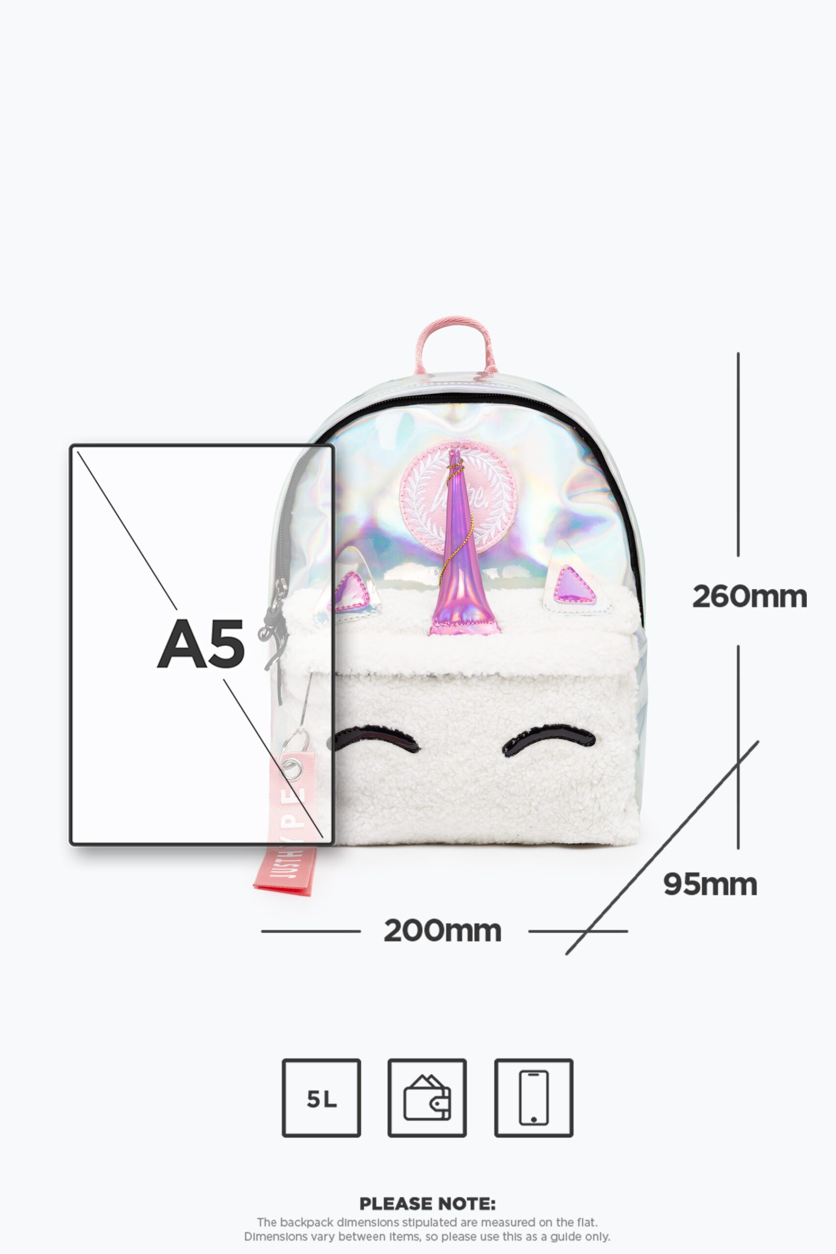hype metallic unicorn backpack measurements