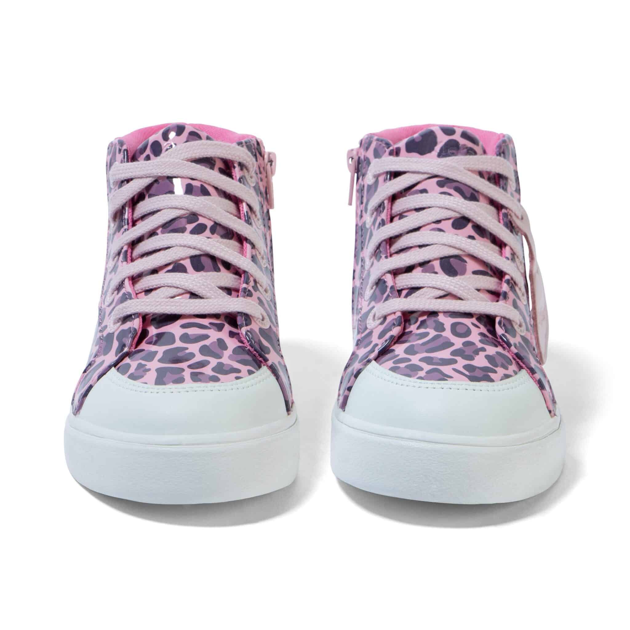 girls kickers leopard print patent hi top trainers top view white background