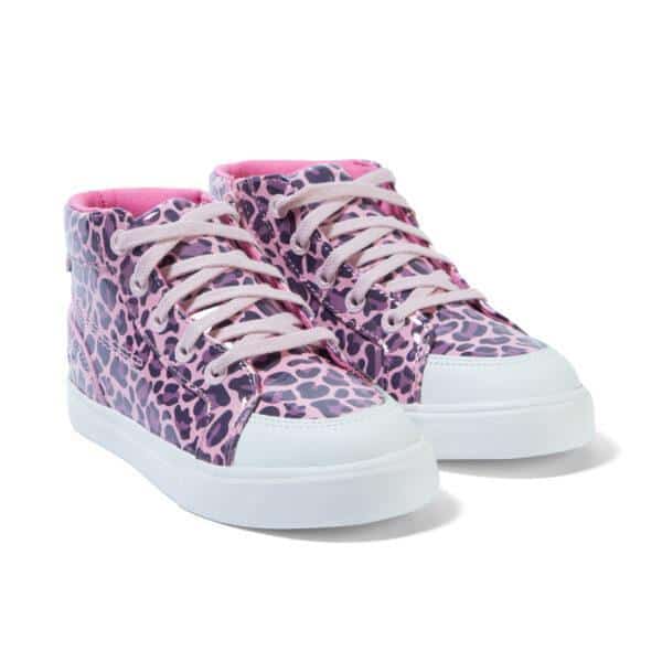 girls kickers leopard print patent hi top trainers front view