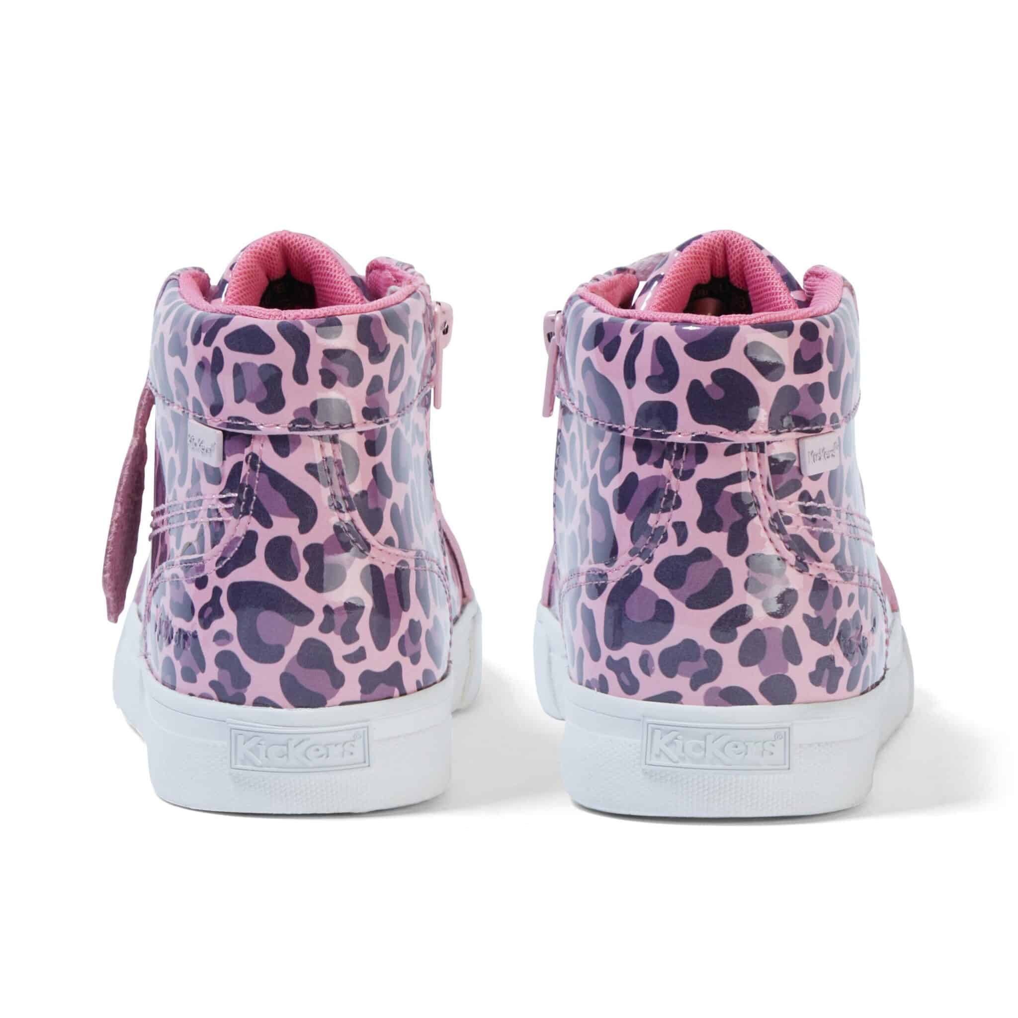 girls kickers leopard print patent hi top trainers back view