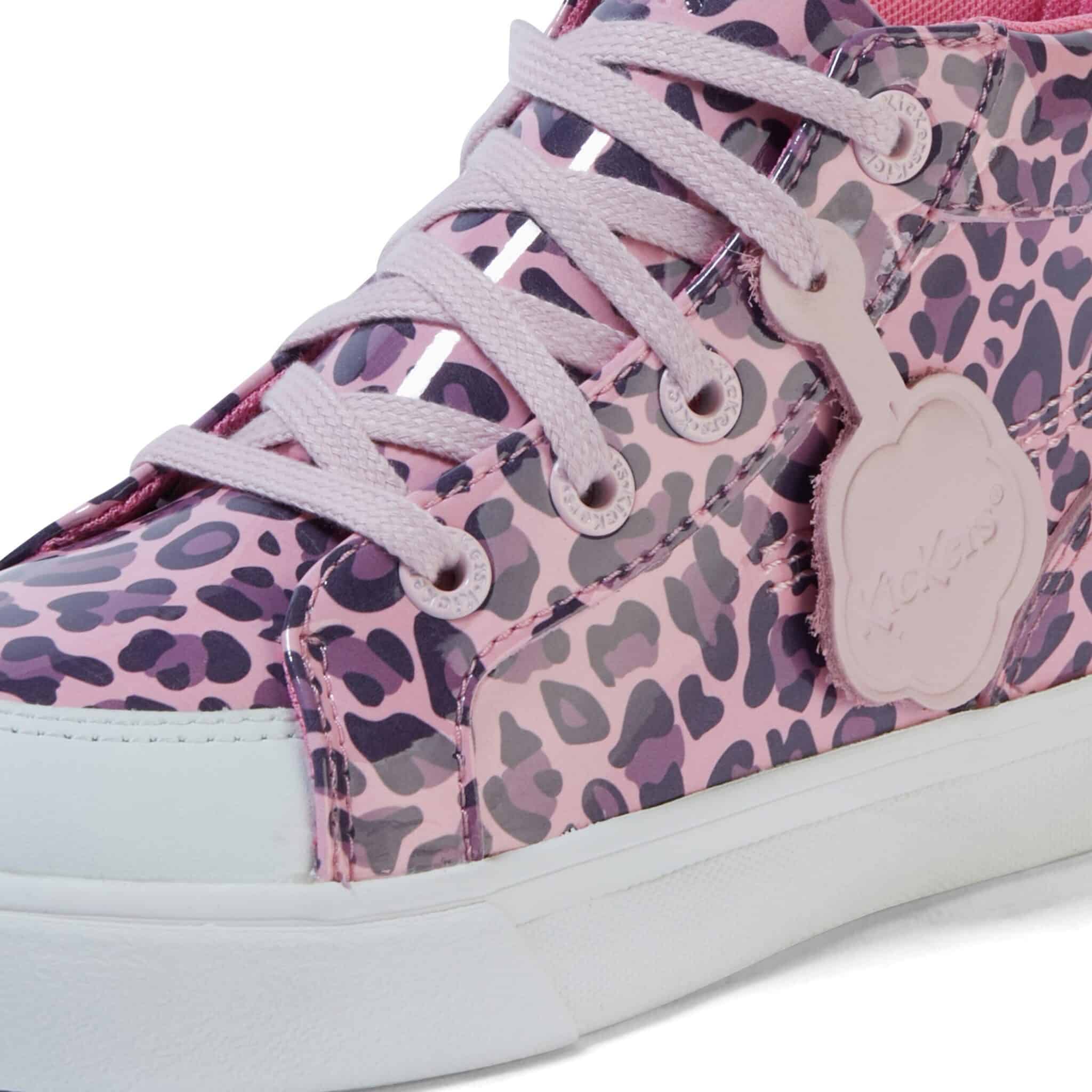 girls kickers leopard print patent hi top trainers close up