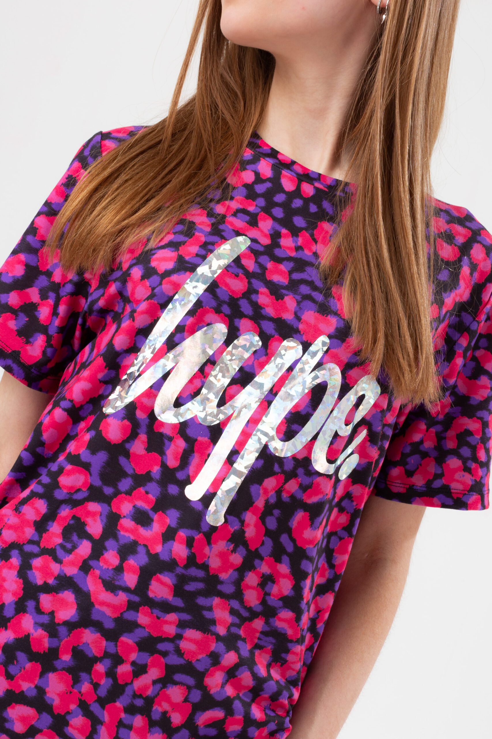 girls hype leopard print pink and purple tshirt close up