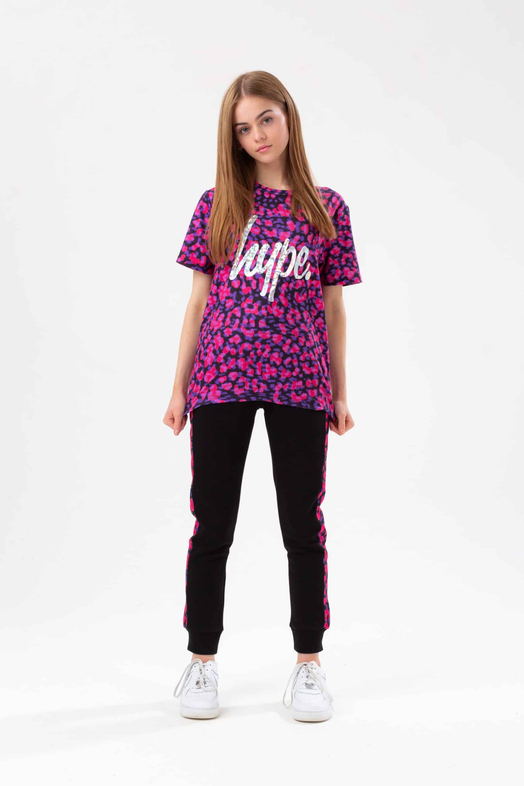 girls hype leopard print pink and purple tshirt on model