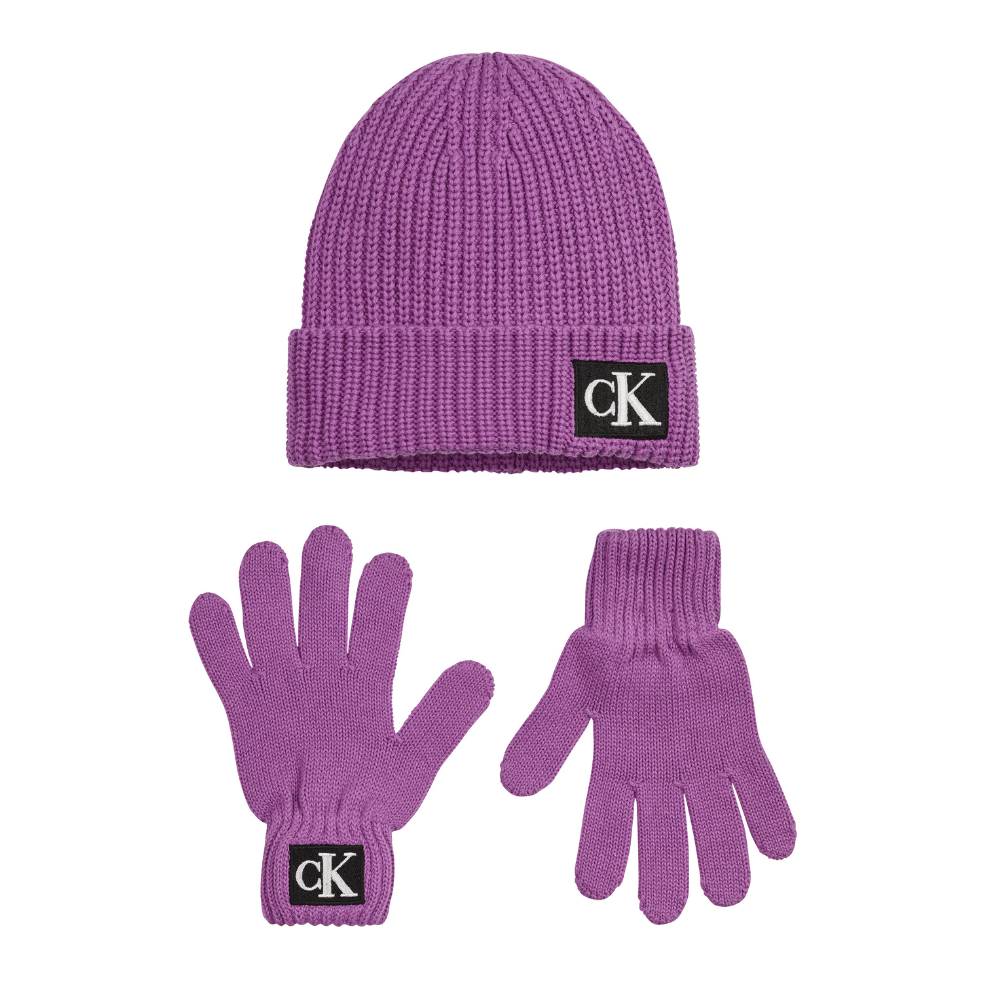 Calvin Klein kids purple hat and gloves set