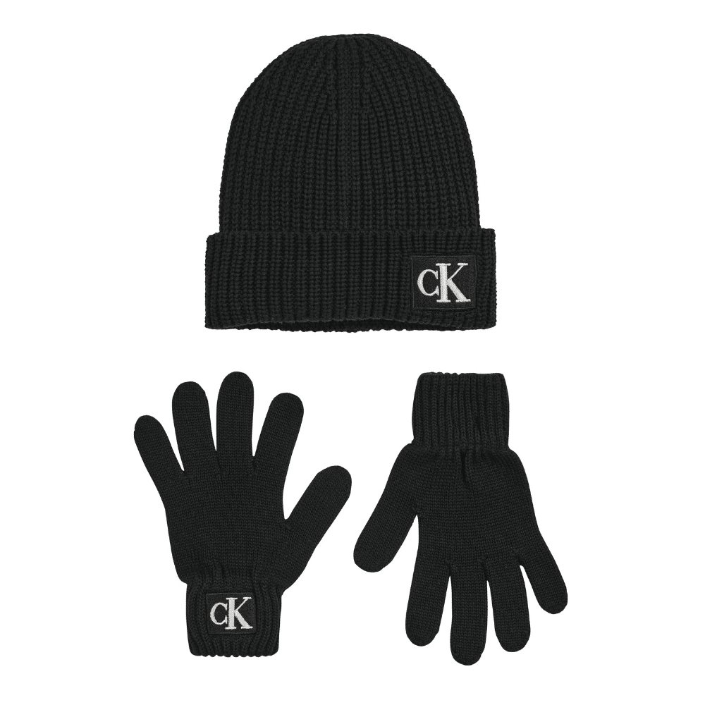 Calvin Klein kids black hat and gloves set