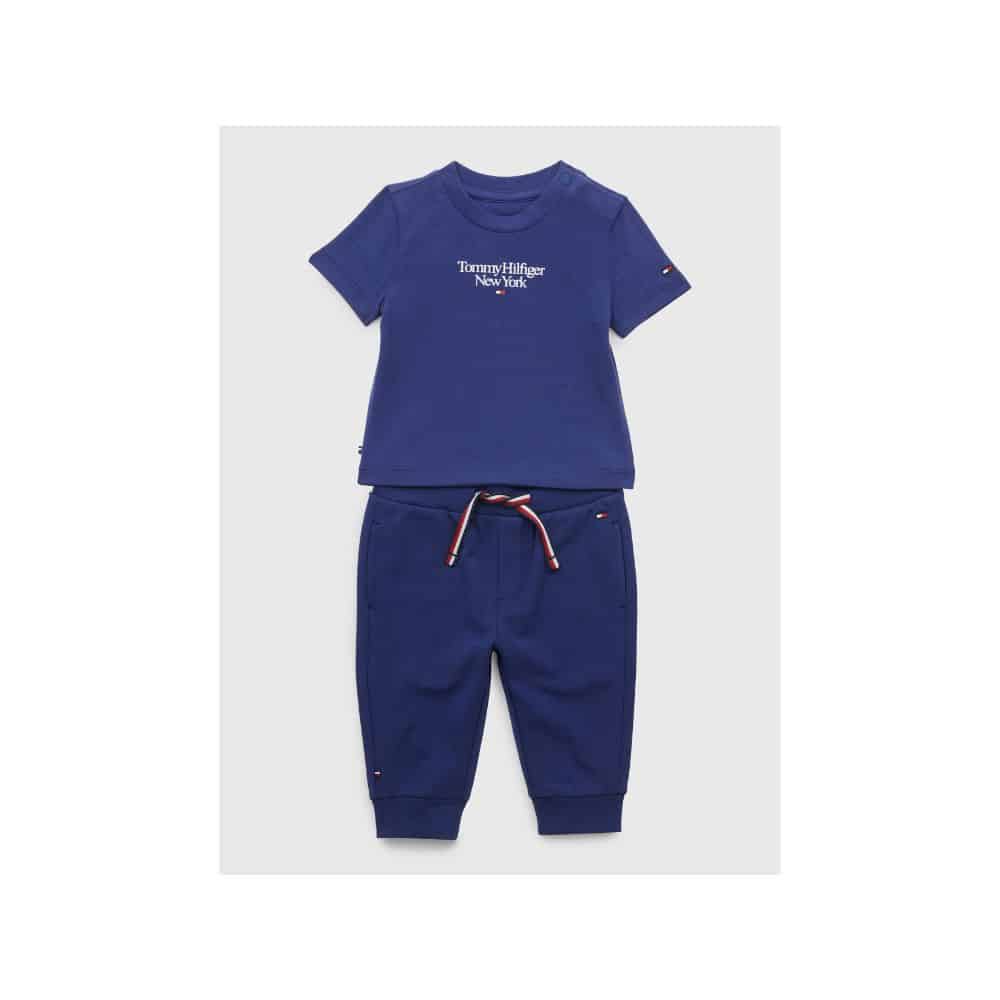 Tommy Boys blue tracksuit bottoms and tee grey background