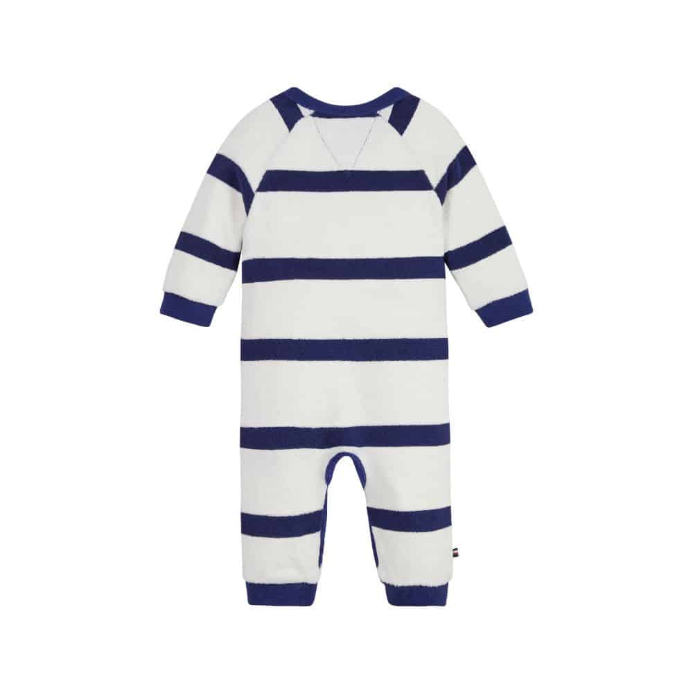Tommy towelling babygro navy white back view