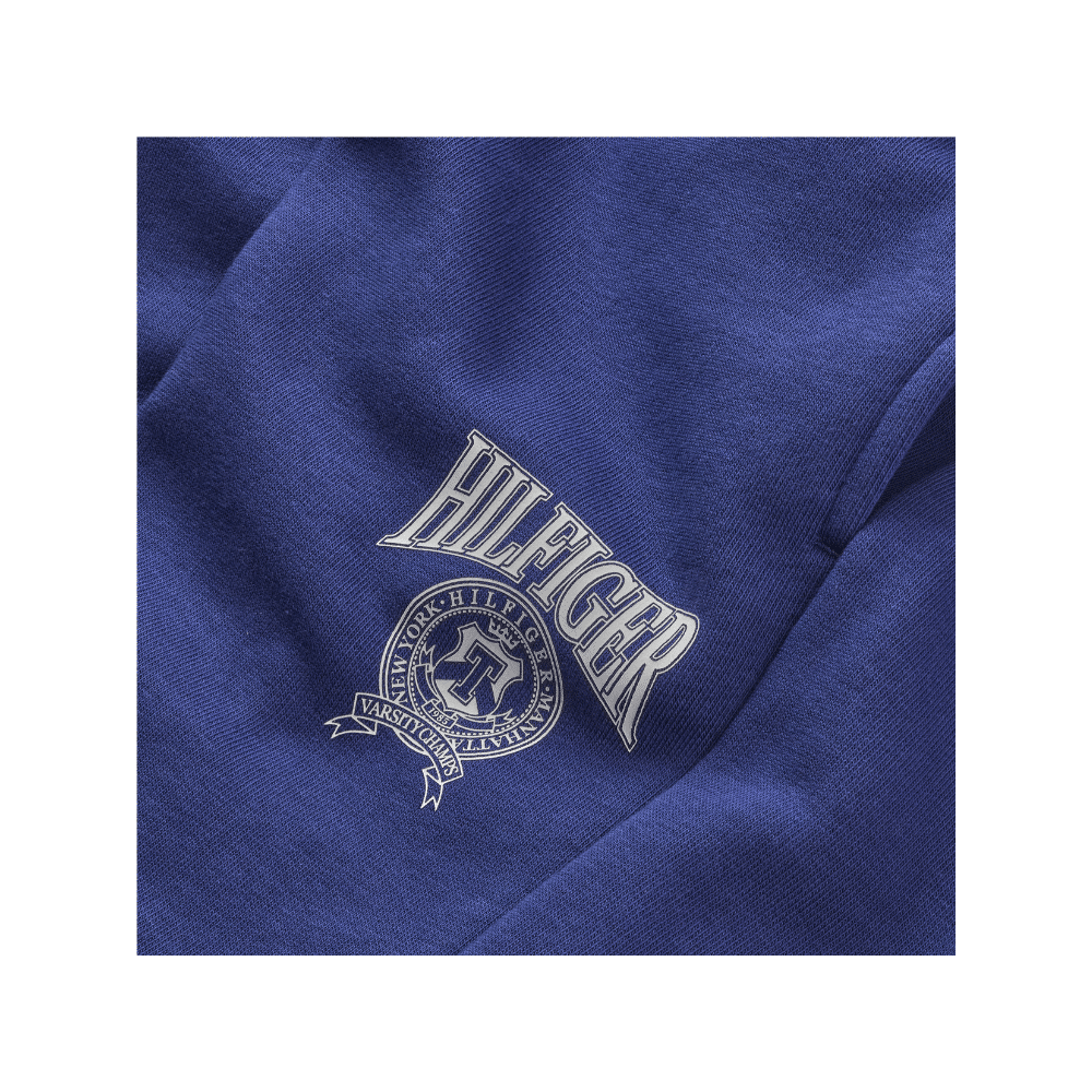 Tommy Hilfiger boys blue shorts with white circular logo logo closeup