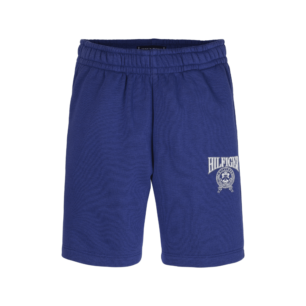 Tommy Hilfiger boys blue shorts with white circular logo front view on white background