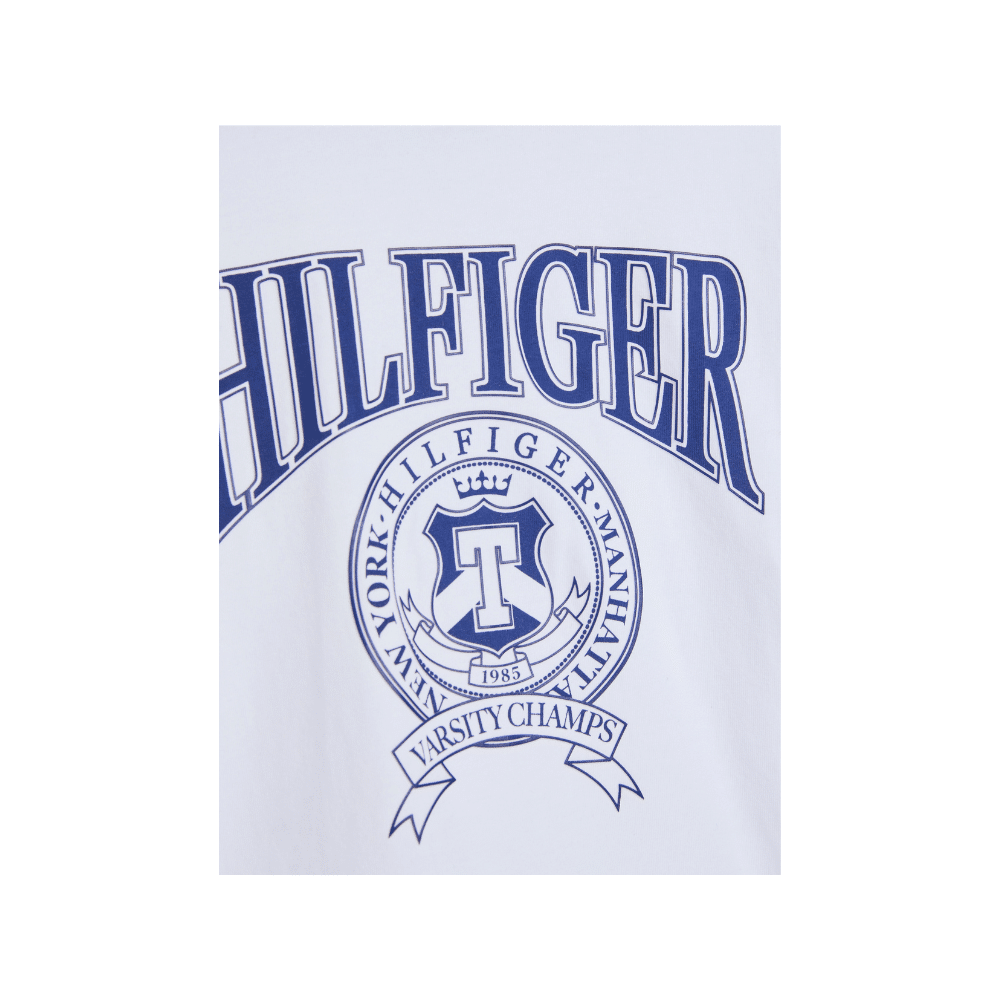 Tommy Hilfiger boys white jumper on white background logo close up