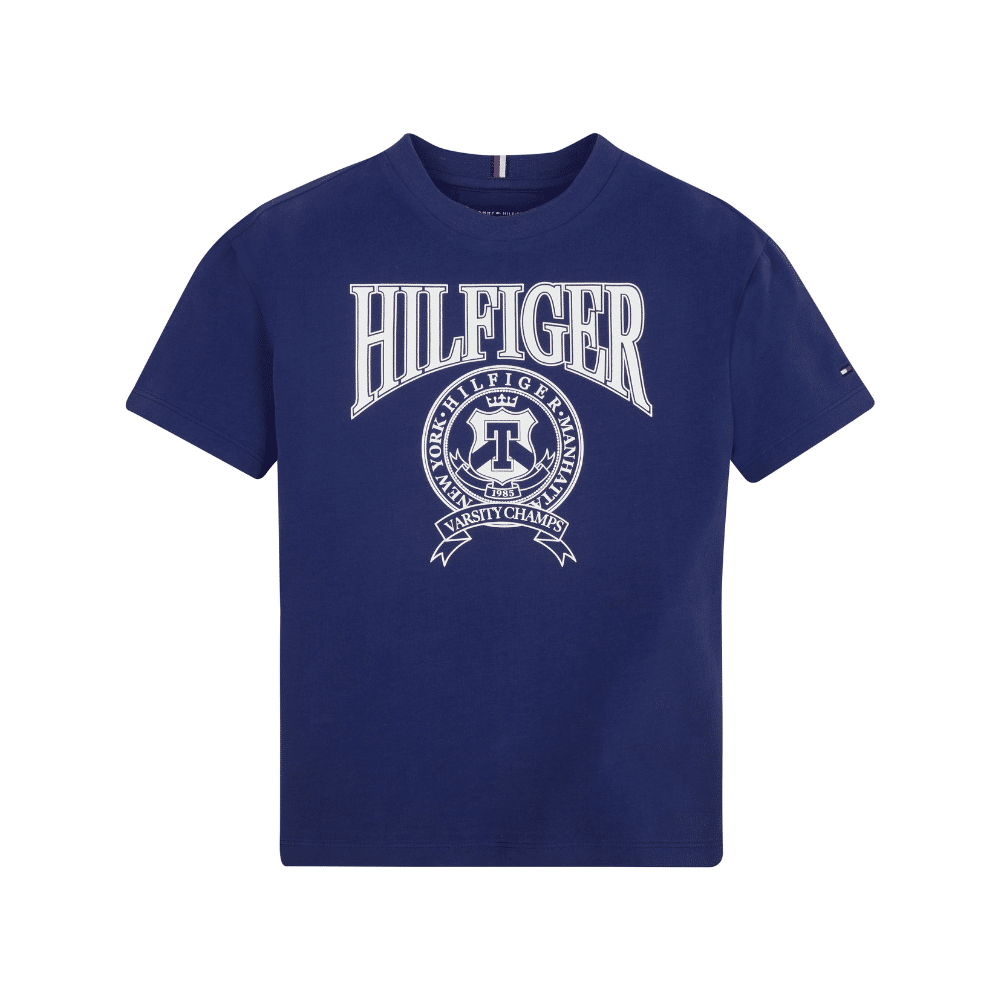 Tommy Hilfiger boys blue tshirt with large white logo front view
