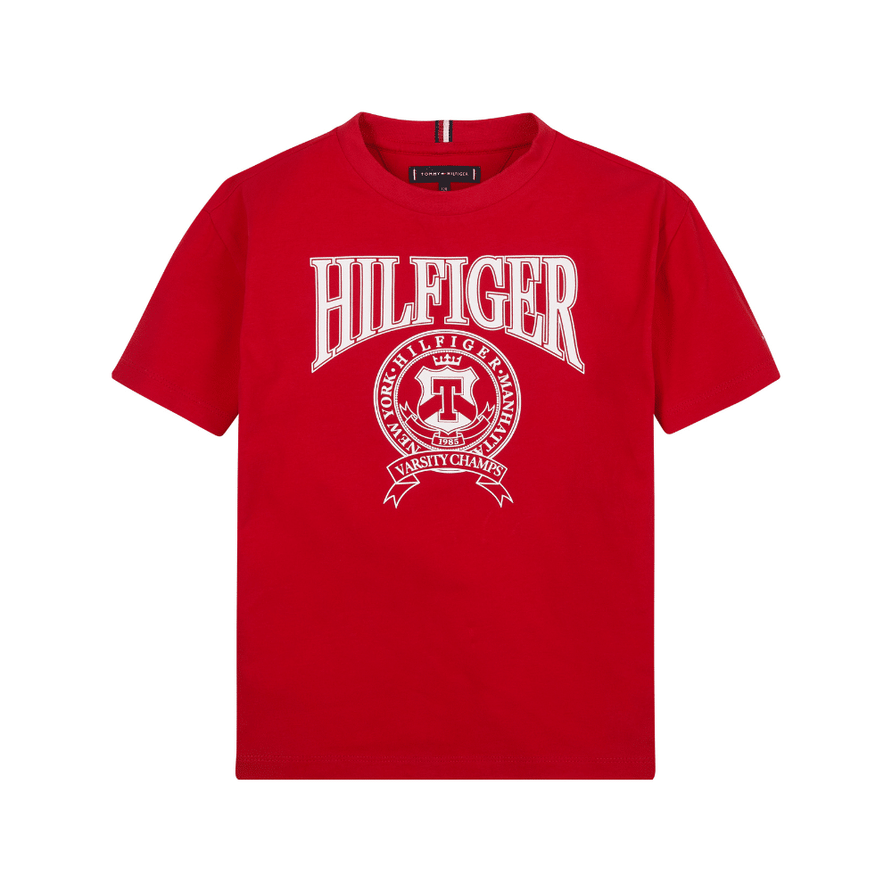Tommy Hilfiger boys red tshirt with large white logo front view on white background