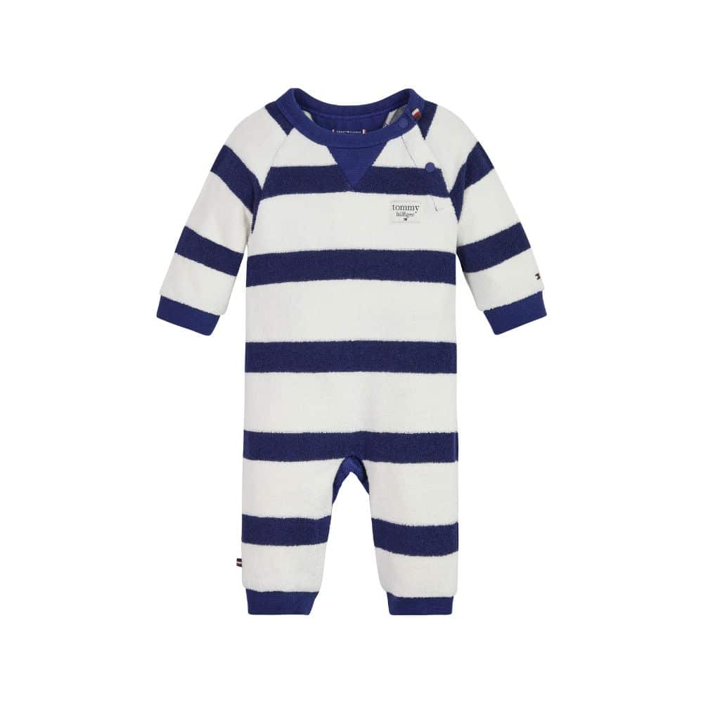 Tommy towelling babygro navy white front