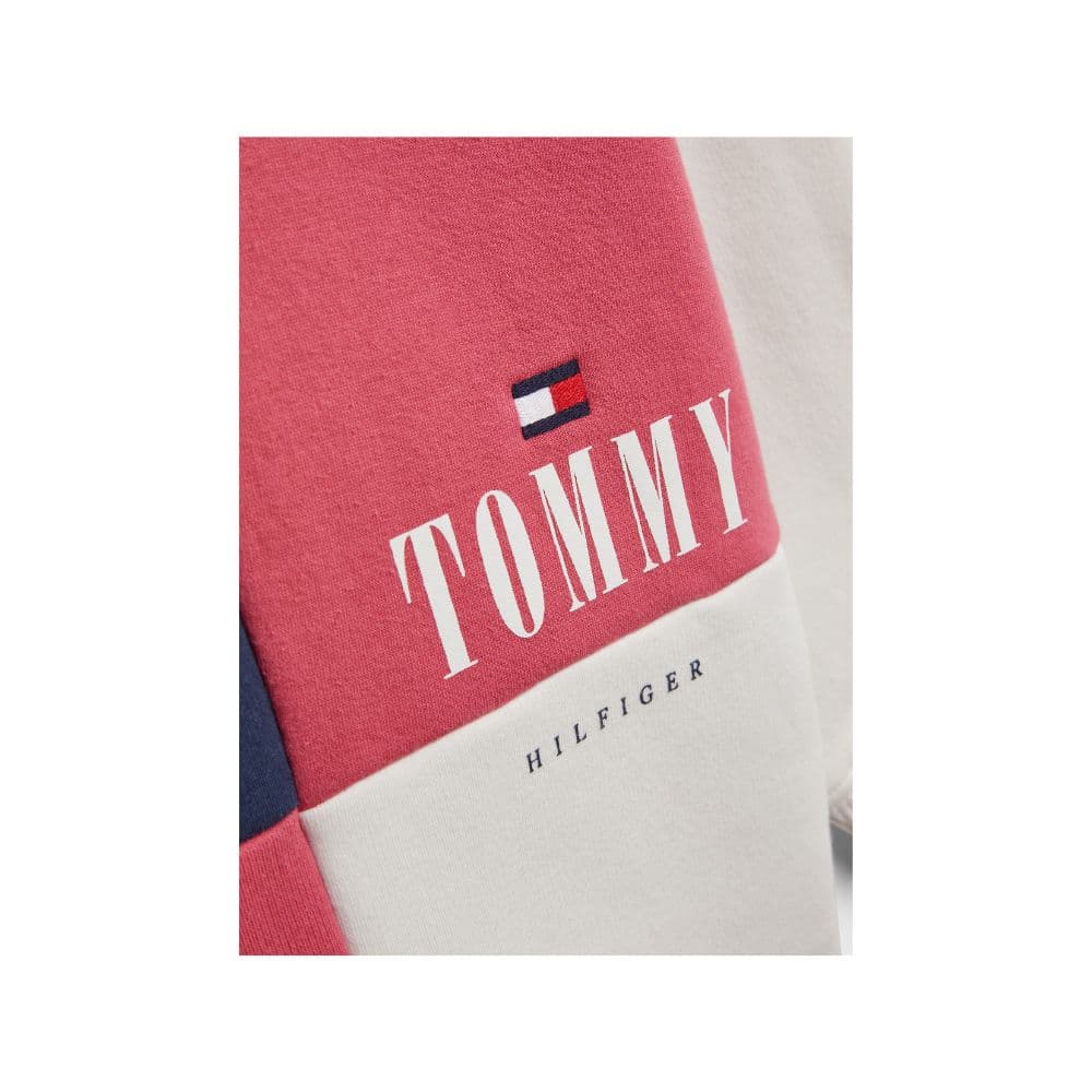 Tommy oversized 80s style colour block kids hoodie logo close up