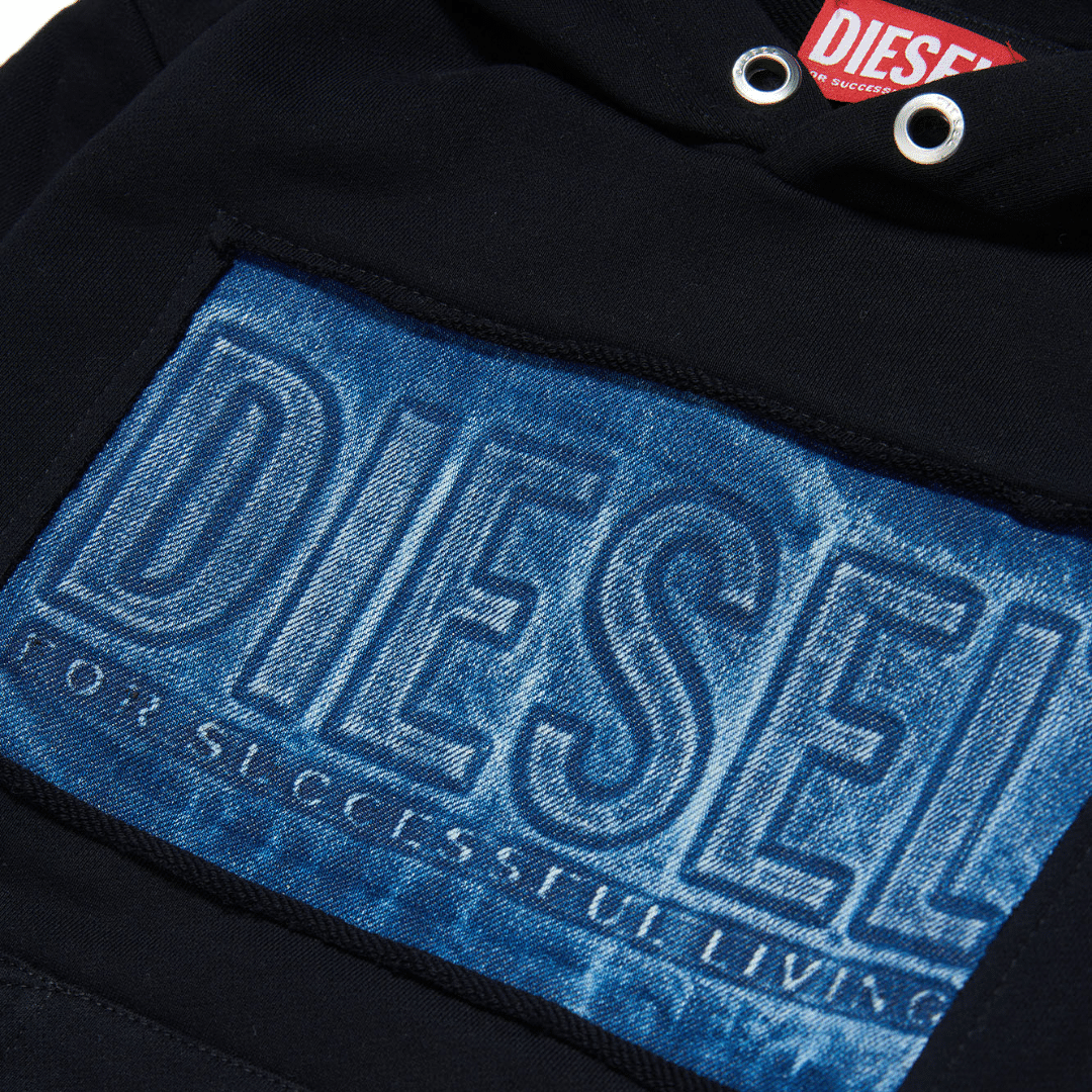 Diesel black hoodie blue logo close up