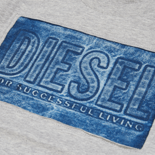 Diesel boys close up of grey tshirt with blue motif logo