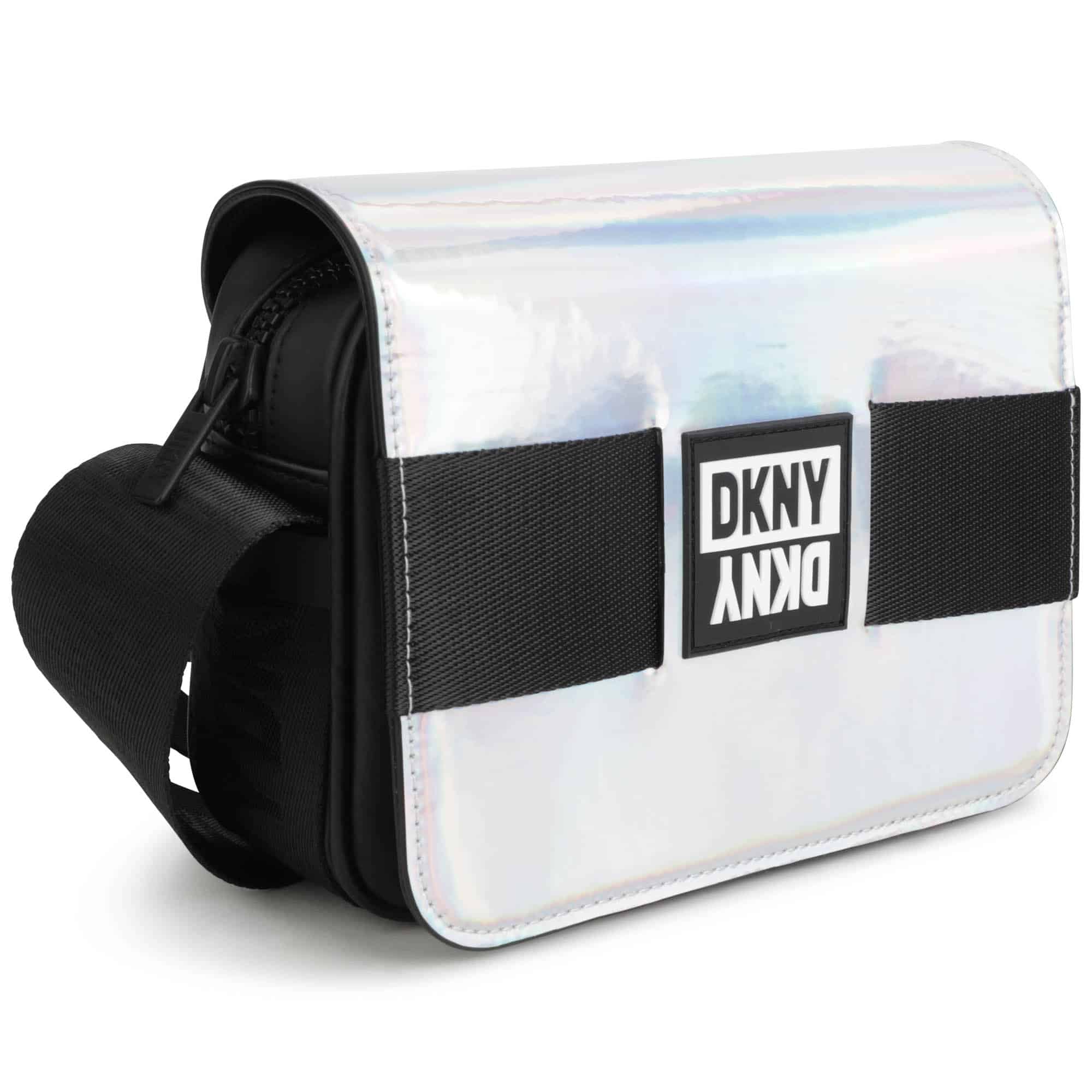 DKNY girls silver handbag with white logo side view