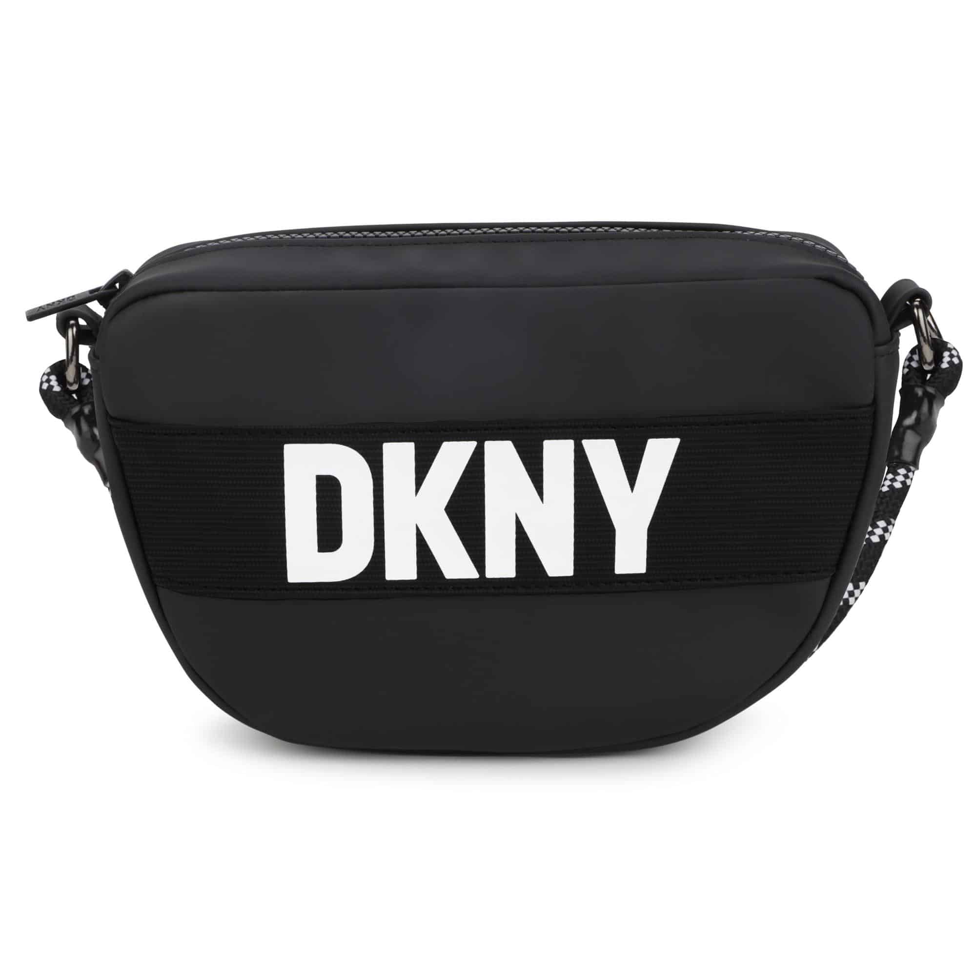 DKNY girls black crossbody bag with white logo front view