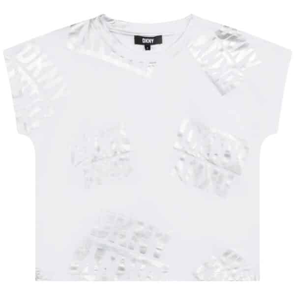 DKNY girls white tshirt with multiple silver logos
