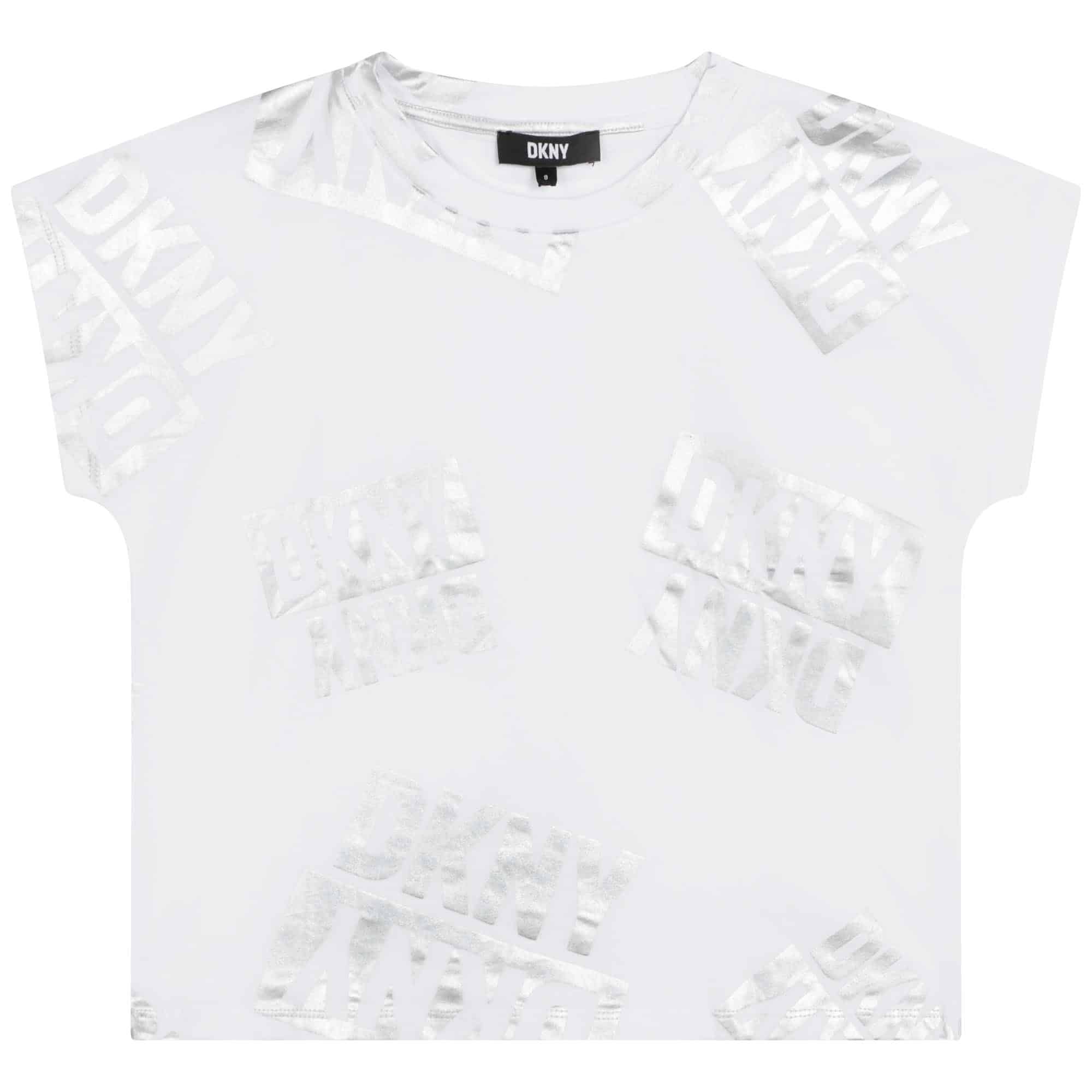 DKNY girls white tshirt with multiple silver logos