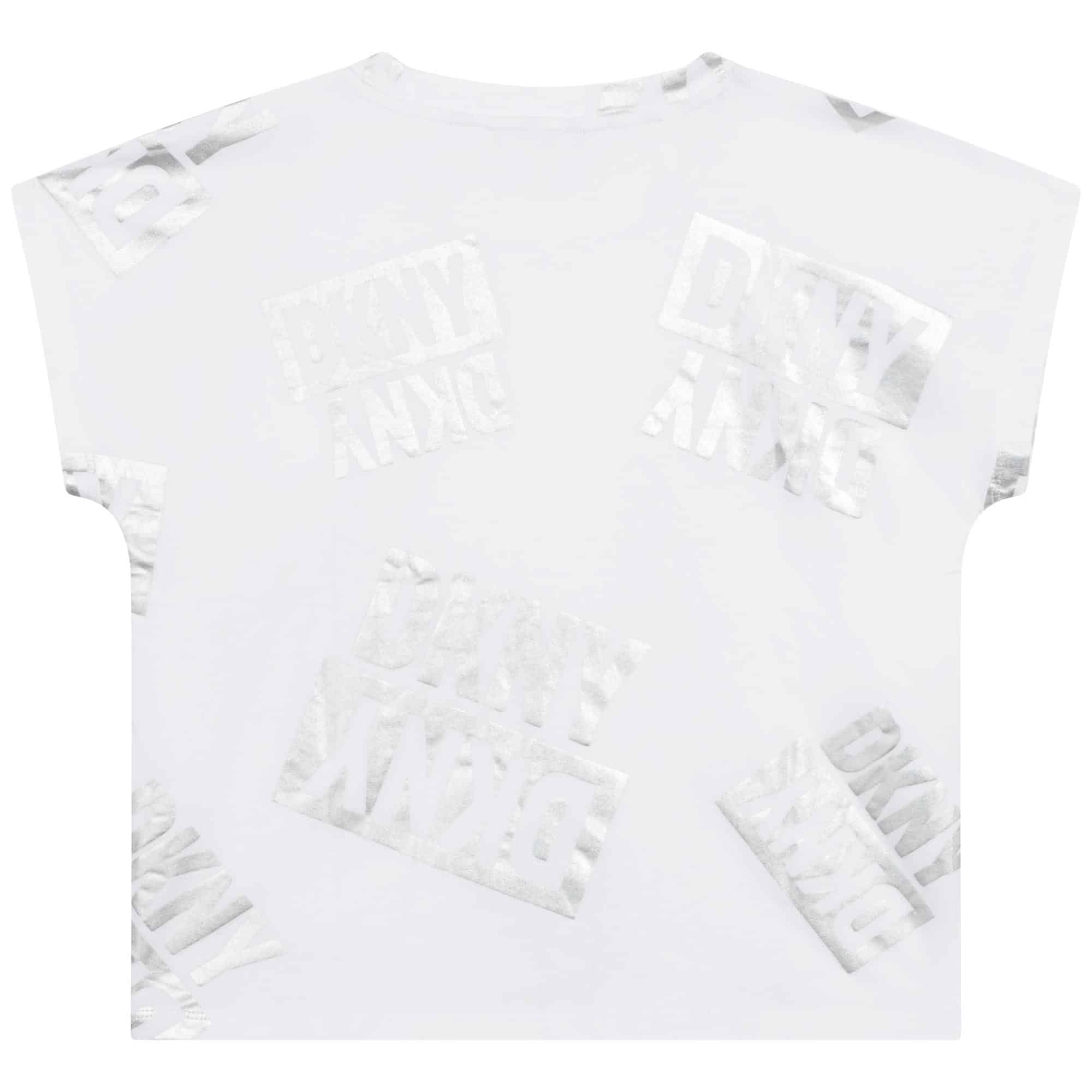 DKNY girls white tshirt with multiple silver logos back views