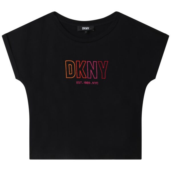 DKNY girls black tshirt with multi coloured logo