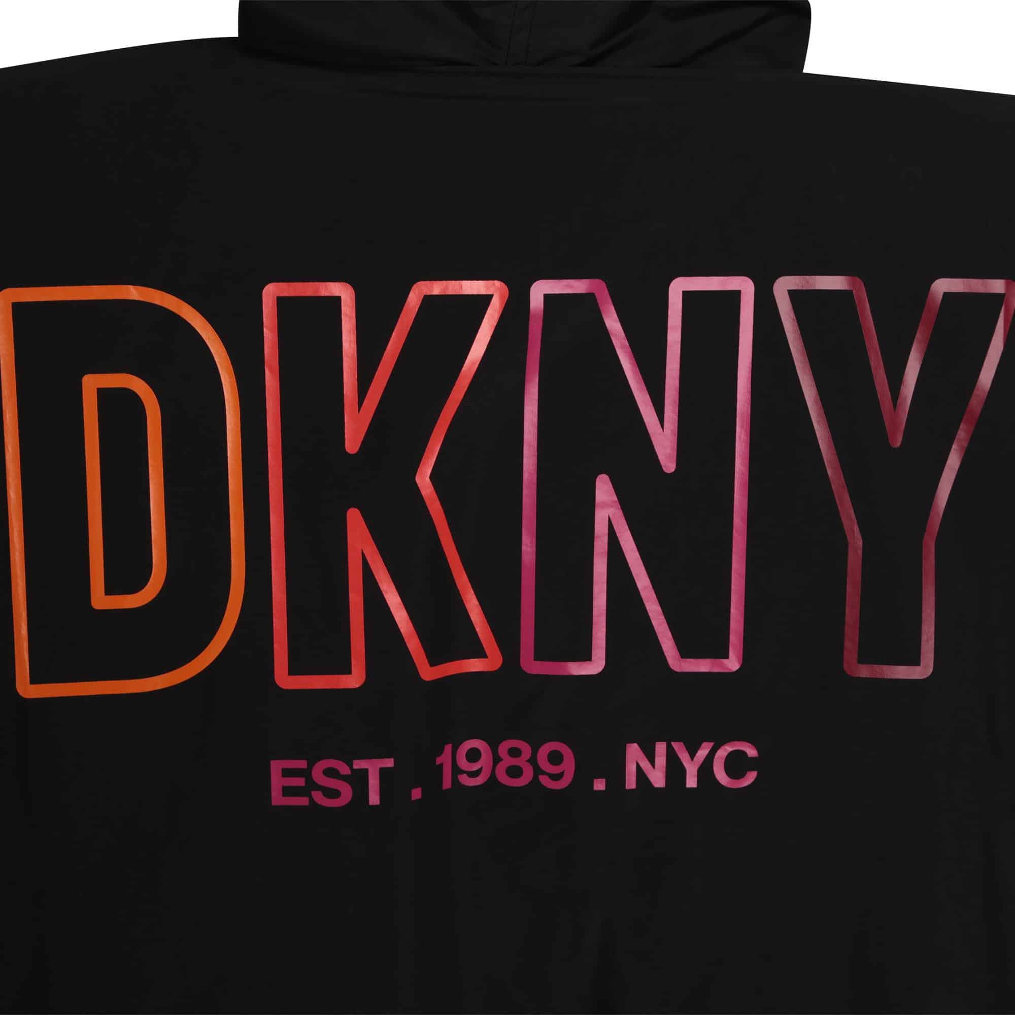 DKNY girls black hoodie with multi coloured logo close up