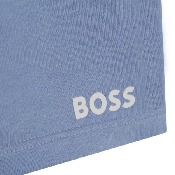 Boss boys blue shorts logo close up