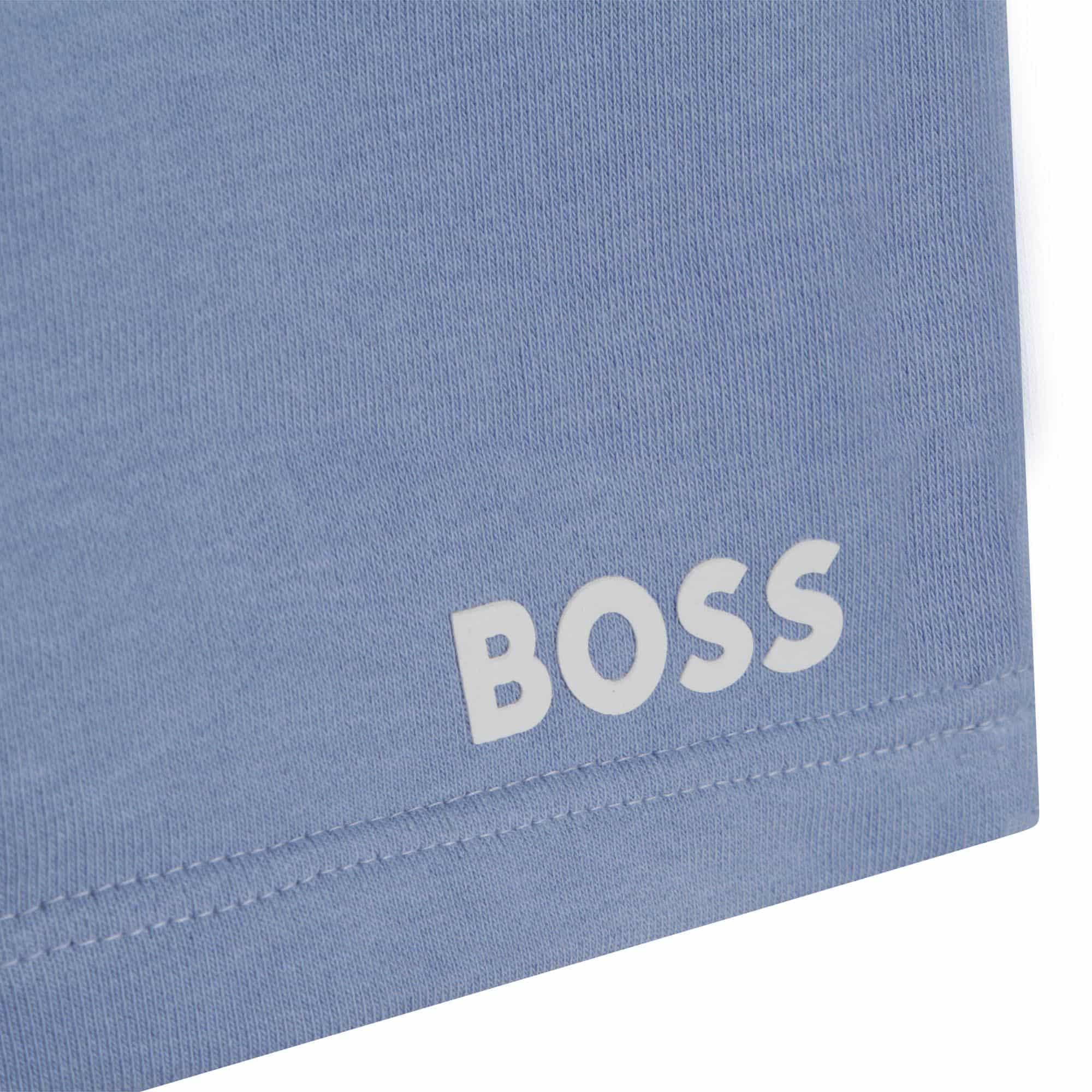 Boss boys blue shorts logo close up