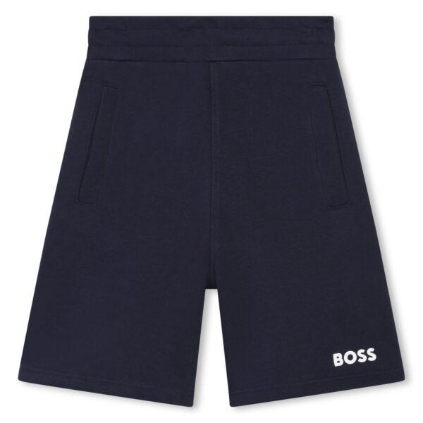 Boss boys navy bermuda shorts front view