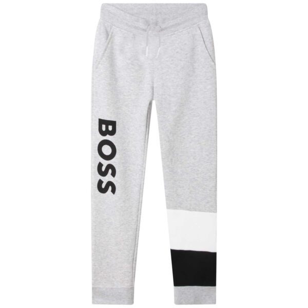 Boss boys grey tracksuit bottoms with large black logo