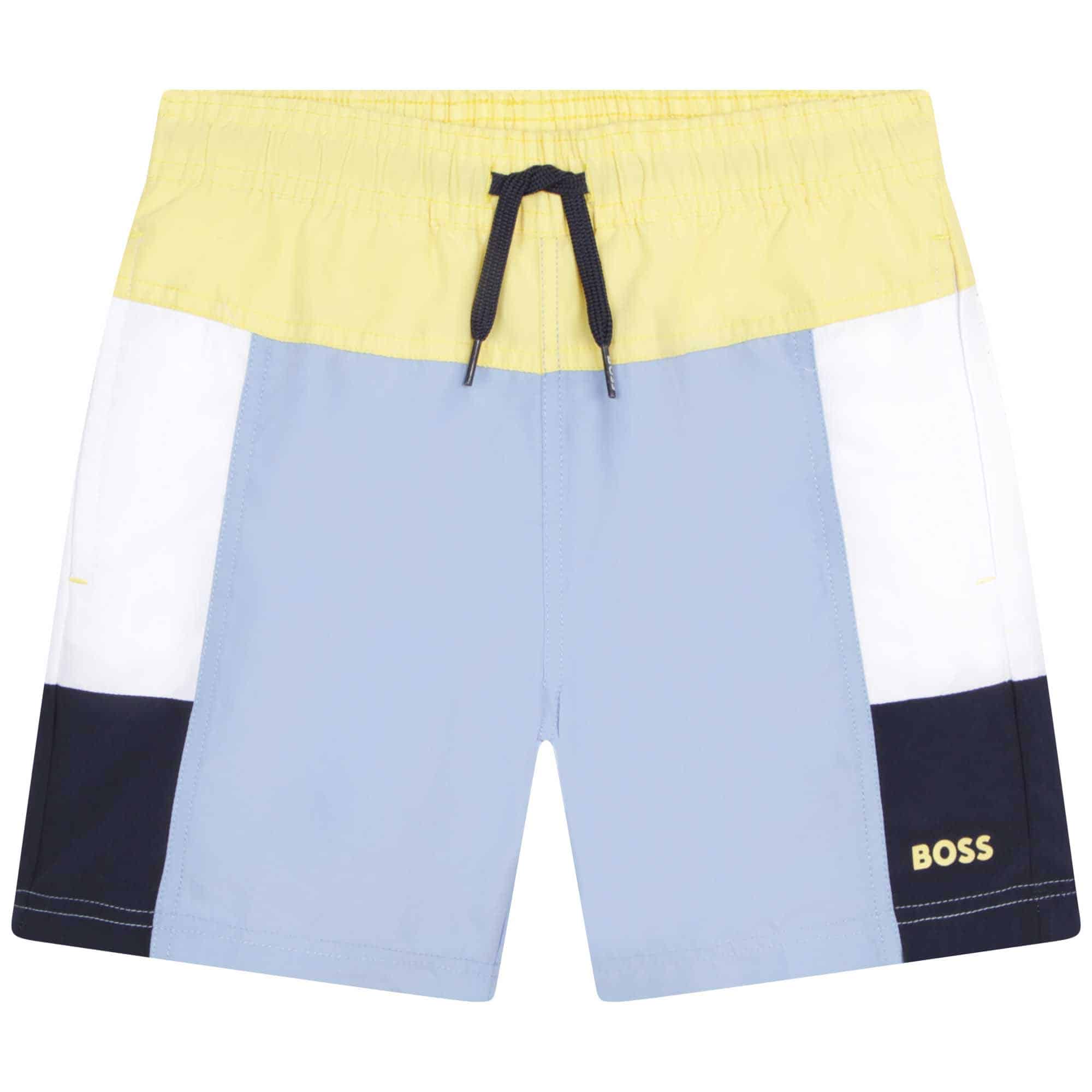 Boss boys shorts in blue, lemon, black and white front view