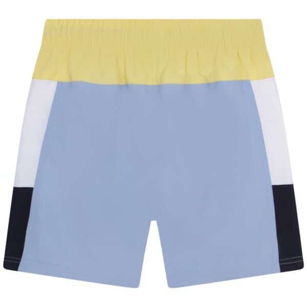 Boss boys shorts in blue, lemon, black and white back view